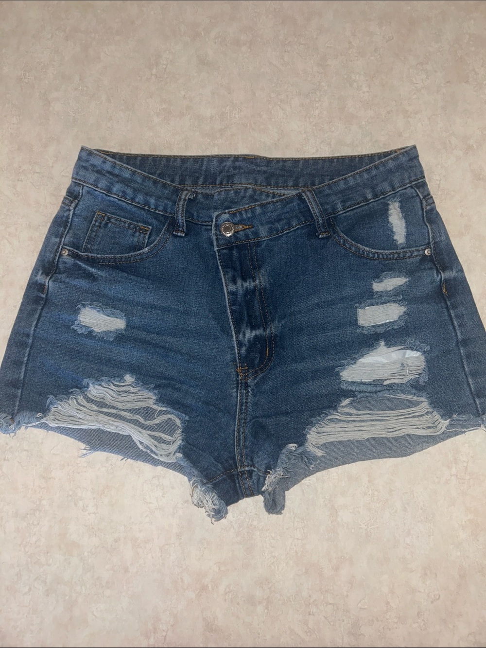 SHEIN Dark Wash Distressed High-Waist Denim Shorts